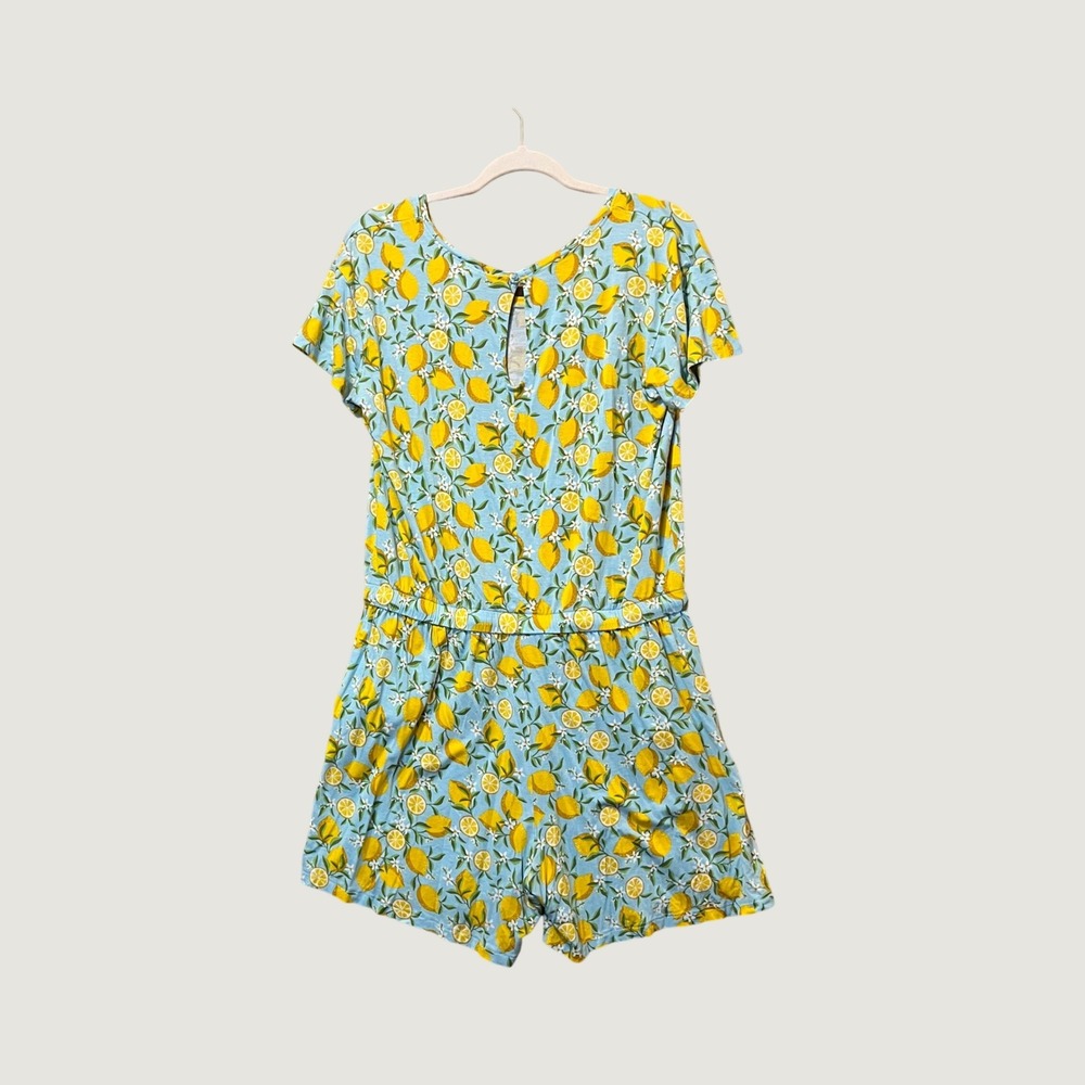 Alex's Lemonade Stand Romper Women L Lemon Print Pockets Boho Tropical Picnic